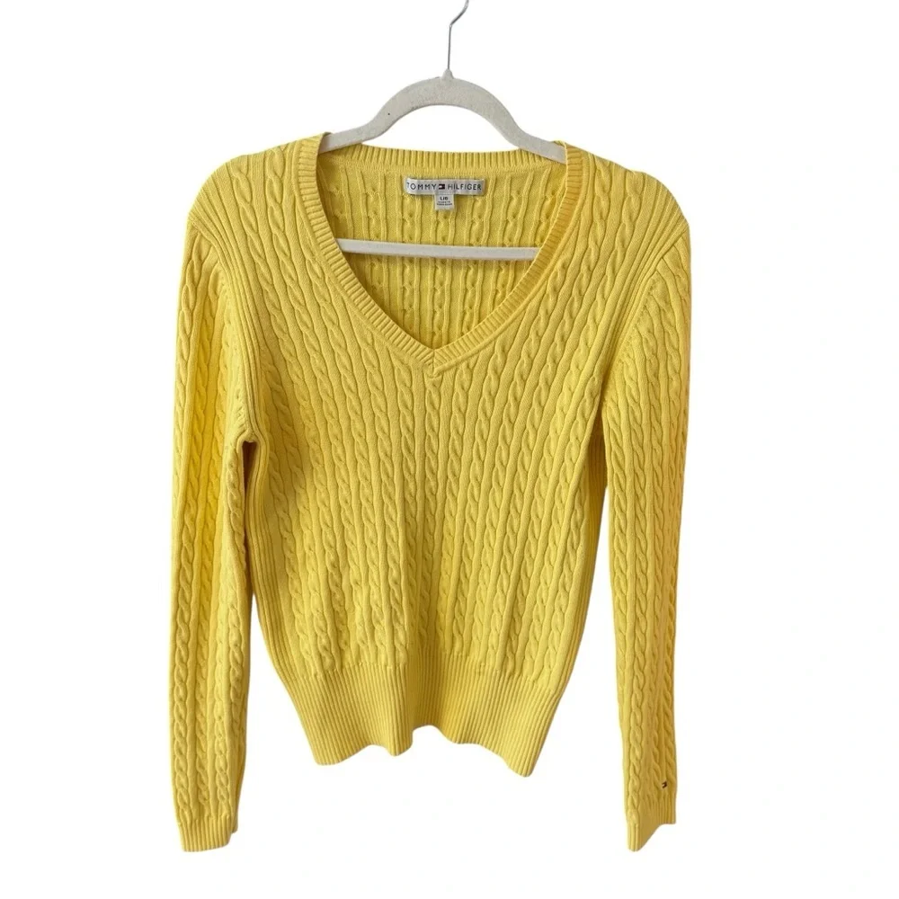 Vintage Tommy Hilfiger Cable Knit V Neck Sweater Yellow Cotton Preppy‎ Size LG